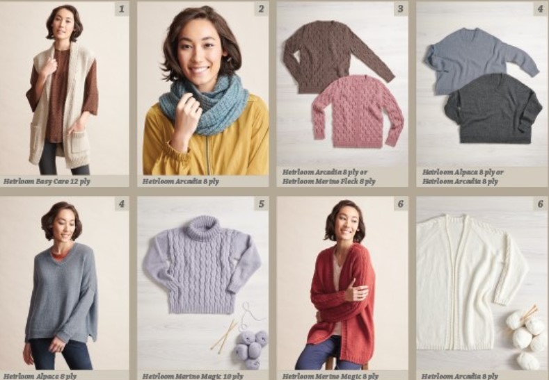 Images of knitting patterns inside Heirloom New Naturals Pattern Book 202, sleeveless jacket, raglan cardigan, poncho jumper, cowl and cable jumper